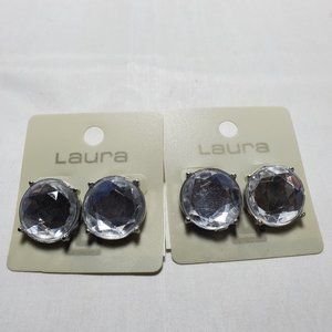 2 PAIRS Laura Canada silver tone faceted round stud crystal earring